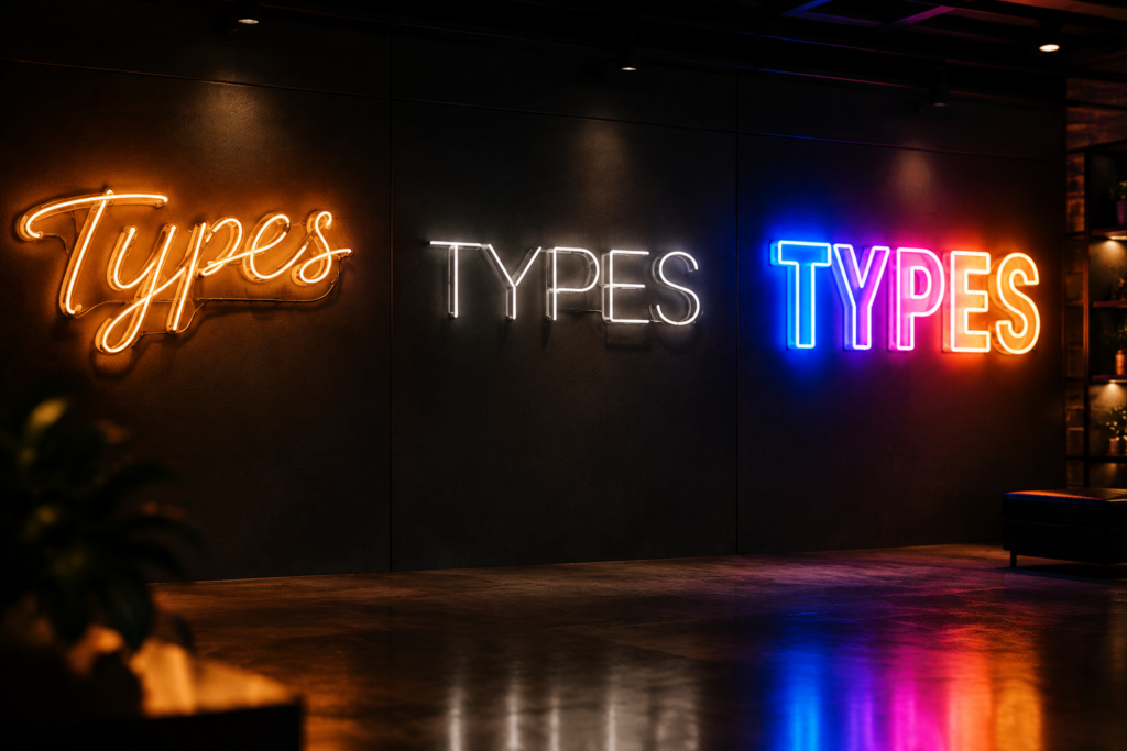 Dark scene with a glowing tri-tone neon sign reading TYPES