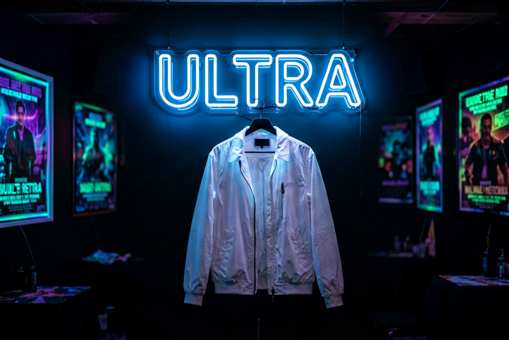 Dark scene with a glowing ultraviolet neon sign reading ULTRA