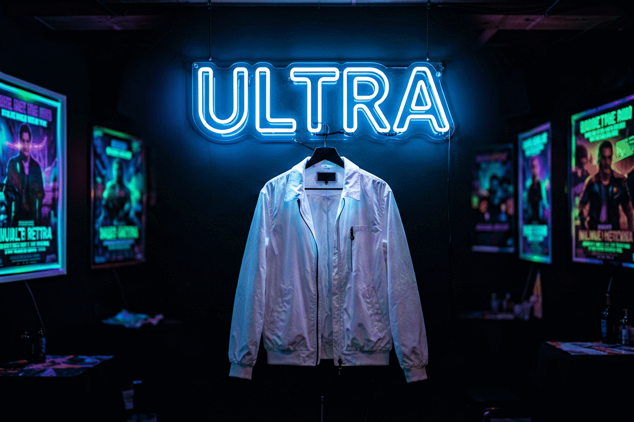 Dark scene with a glowing ultraviolet neon sign reading ULTRA