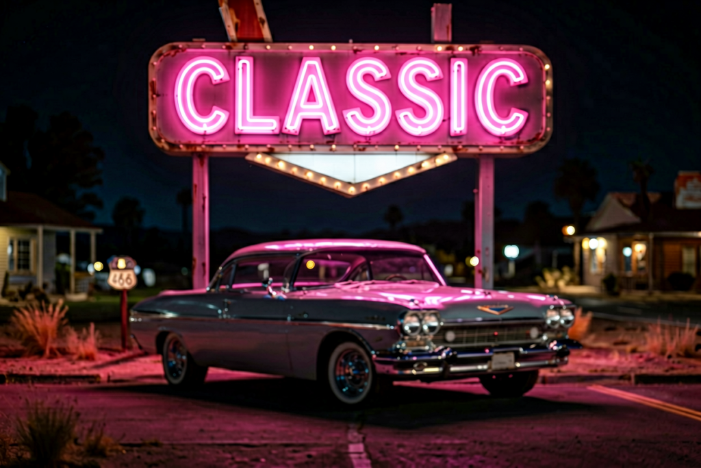 Dark scene with a glowing nostalgia pink neon sign reading CLASSIC