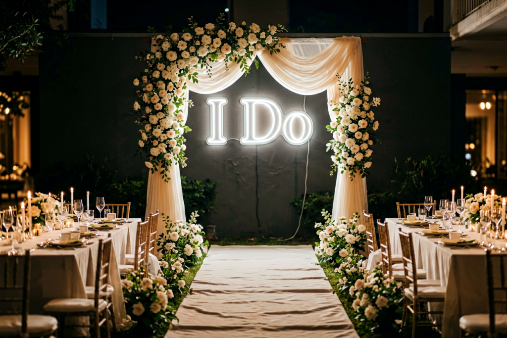 Dark scene with a glowing soft white neon sign reading I Do