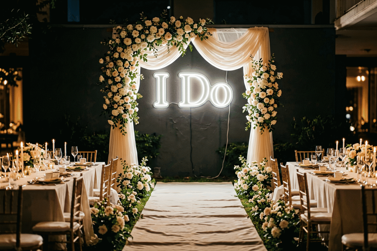 Dark scene with a glowing soft white neon sign reading I Do