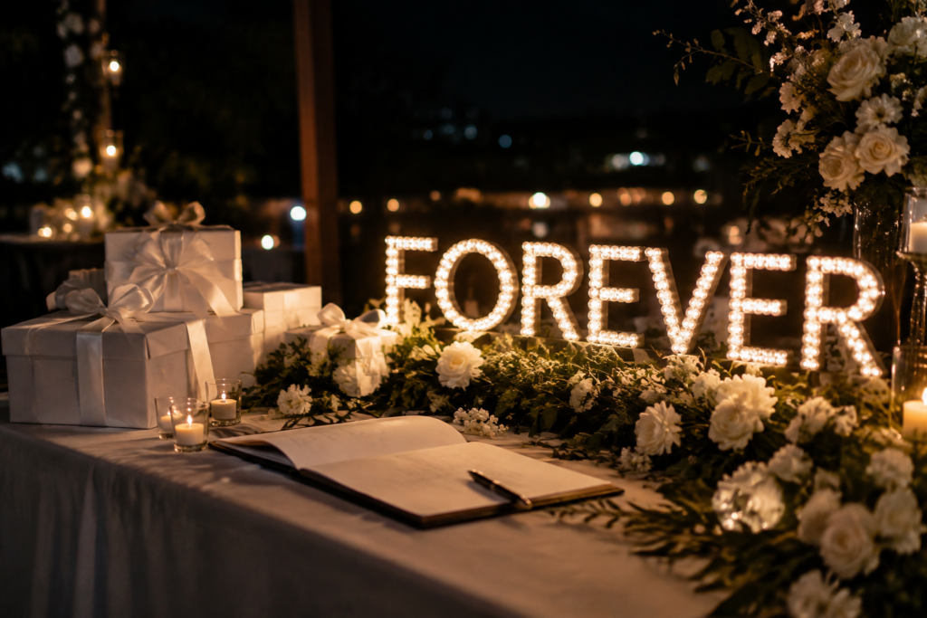Dark scene with a glowing pearl neon sign reading FOREVER