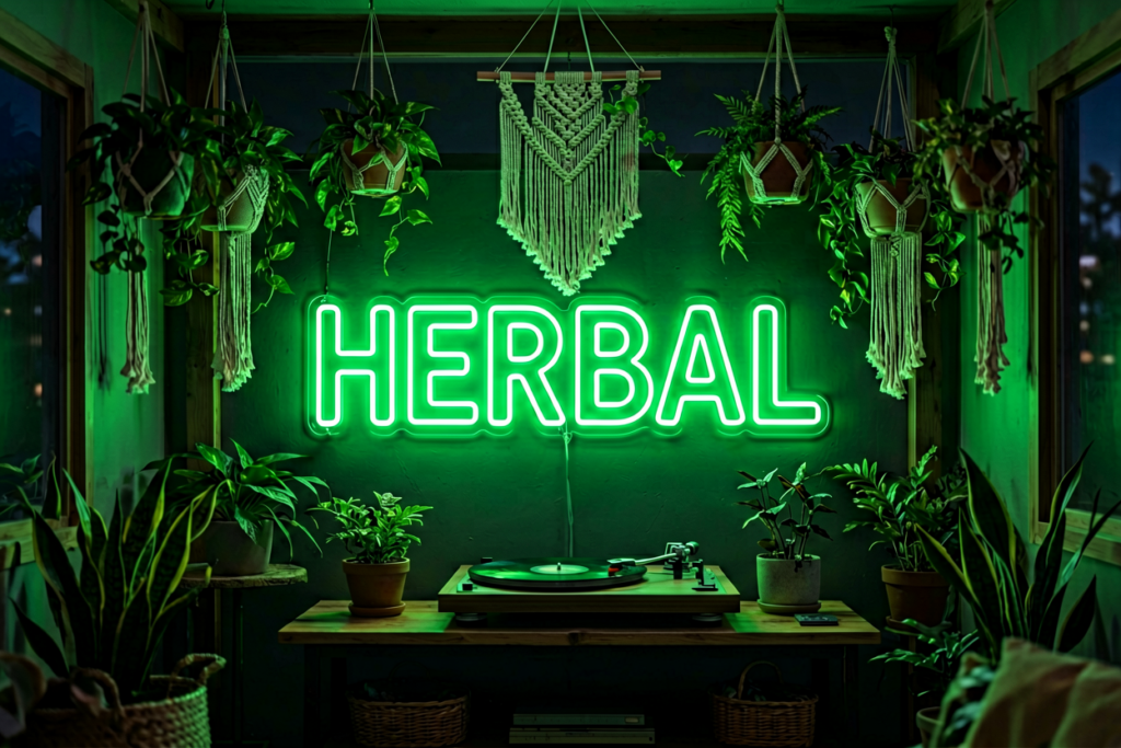 Dark scene with a glowing forest green neon sign reading HERBAL