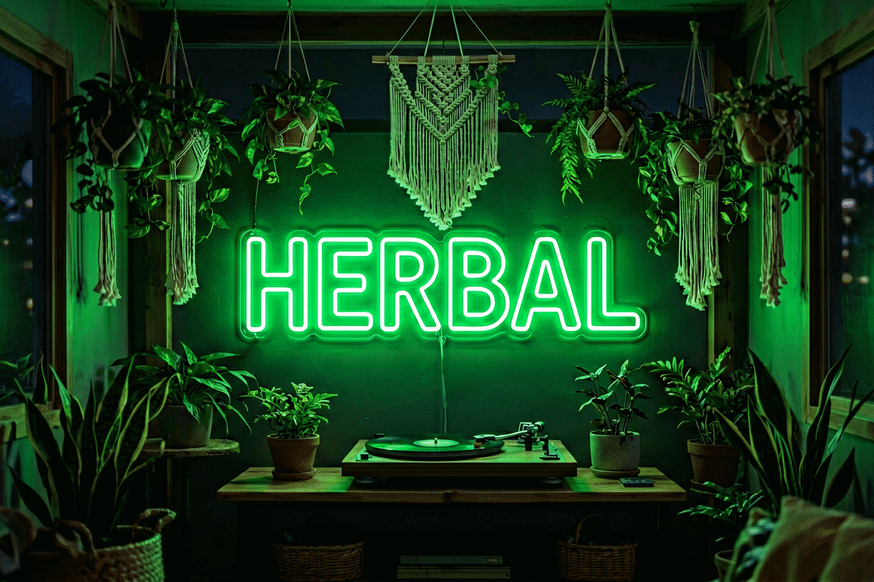 Dark scene with a glowing forest green neon sign reading HERBAL