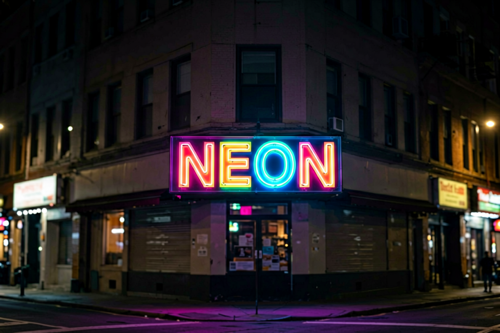 Dark scene with a glowing multicolor neon sign reading NEON