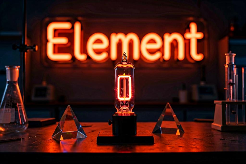 Dark scene with a glowing orange-red glow neon sign reading Element