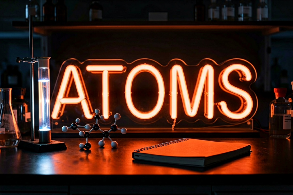 Dark scene with a glowing orange-red glow neon sign reading ATOMS