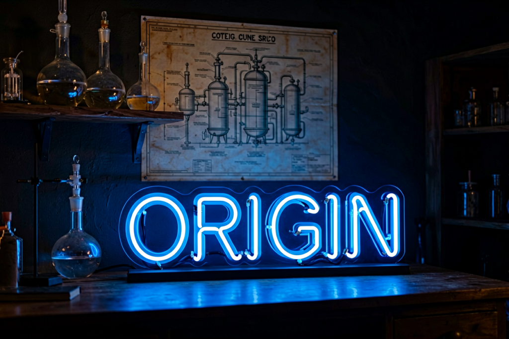 Dark scene with a glowing deep blue neon sign reading ORIGIN