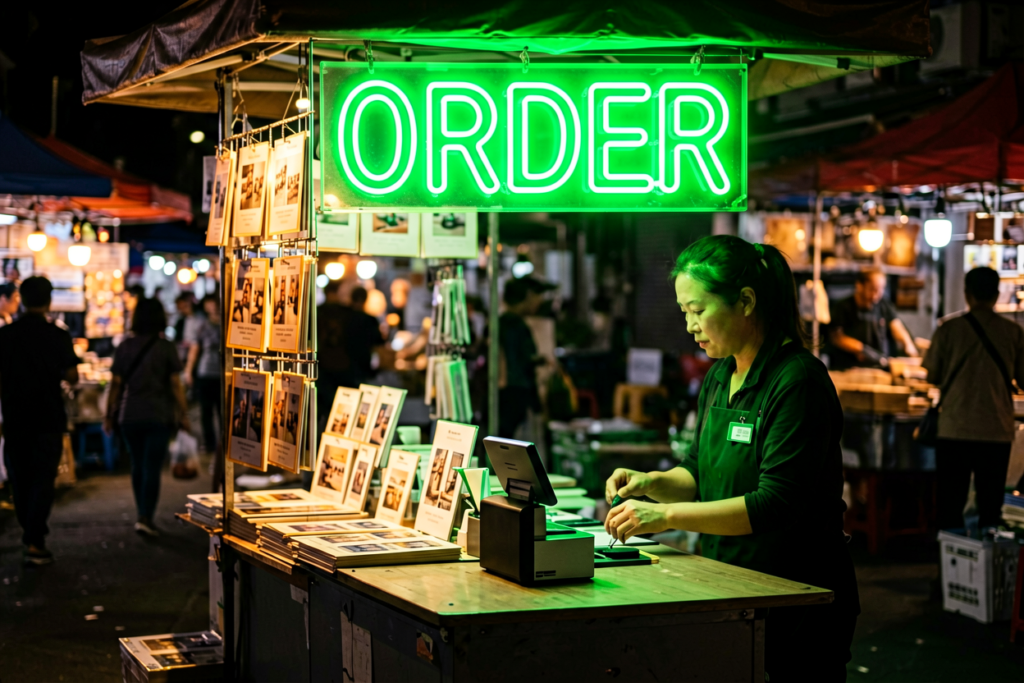 Dark scene with a glowing green neon sign reading ORDER
