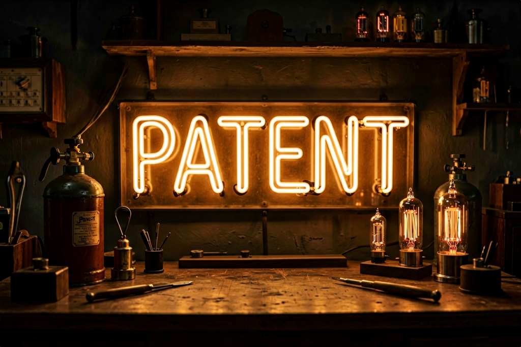 Dark scene with a glowing sepia amber neon sign reading PATENT