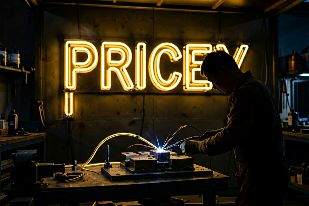 Dark scene with a glowing gold neon sign reading PRICEY
