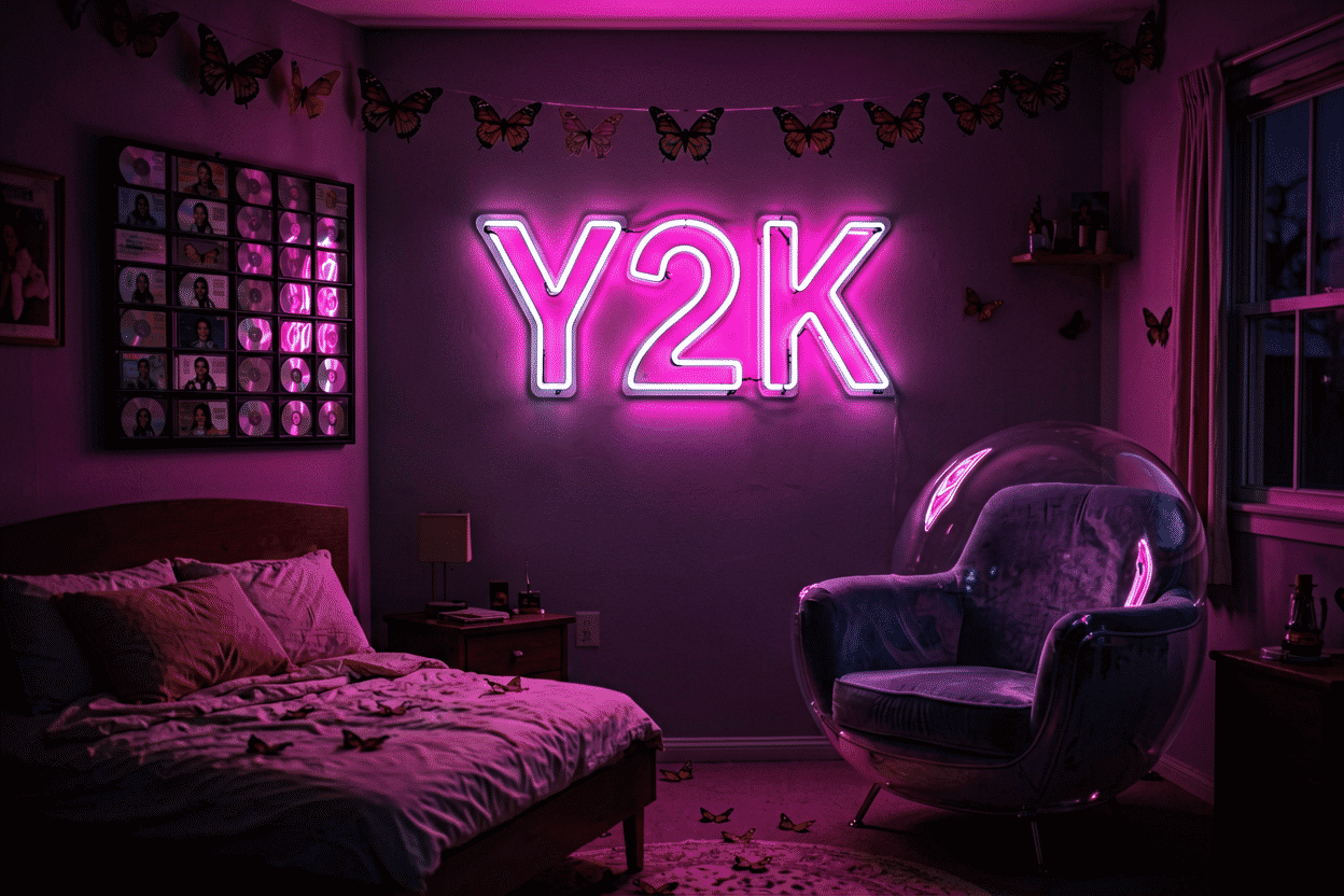 Dark scene with a glowing silver pink neon sign reading Y2K