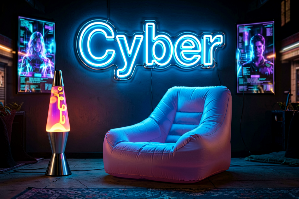 Dark scene with a glowing chrome blue neon sign reading Cyber