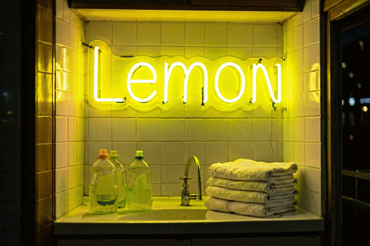 Dark scene with a glowing lemon yellow neon sign reading Lemon