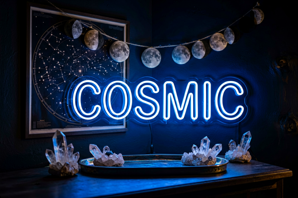 Dark scene with a glowing midnight blue neon sign reading Cosmic