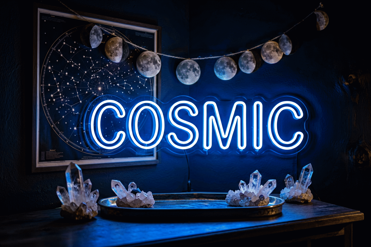 Dark scene with a glowing midnight blue neon sign reading Cosmic