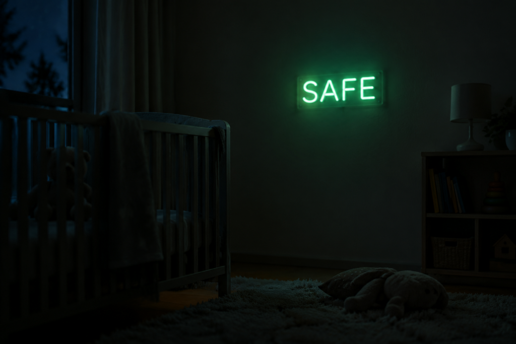 Dark scene with a glowing soft green neon sign reading SAFE