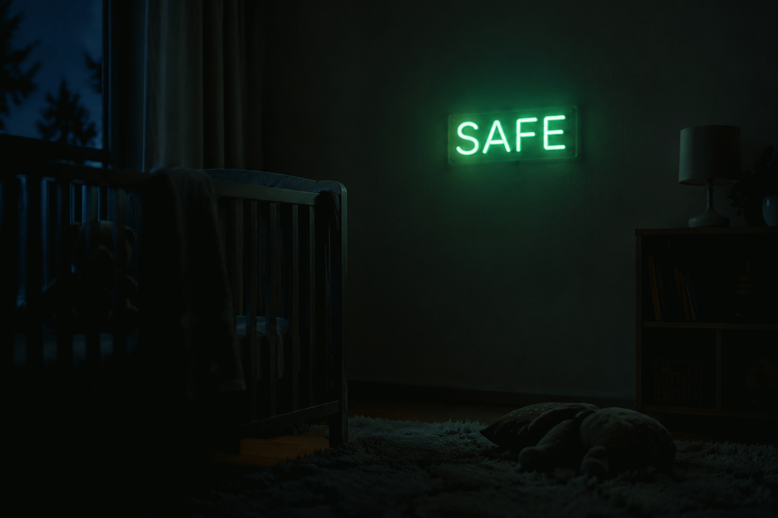 Dark scene with a glowing soft green neon sign reading SAFE