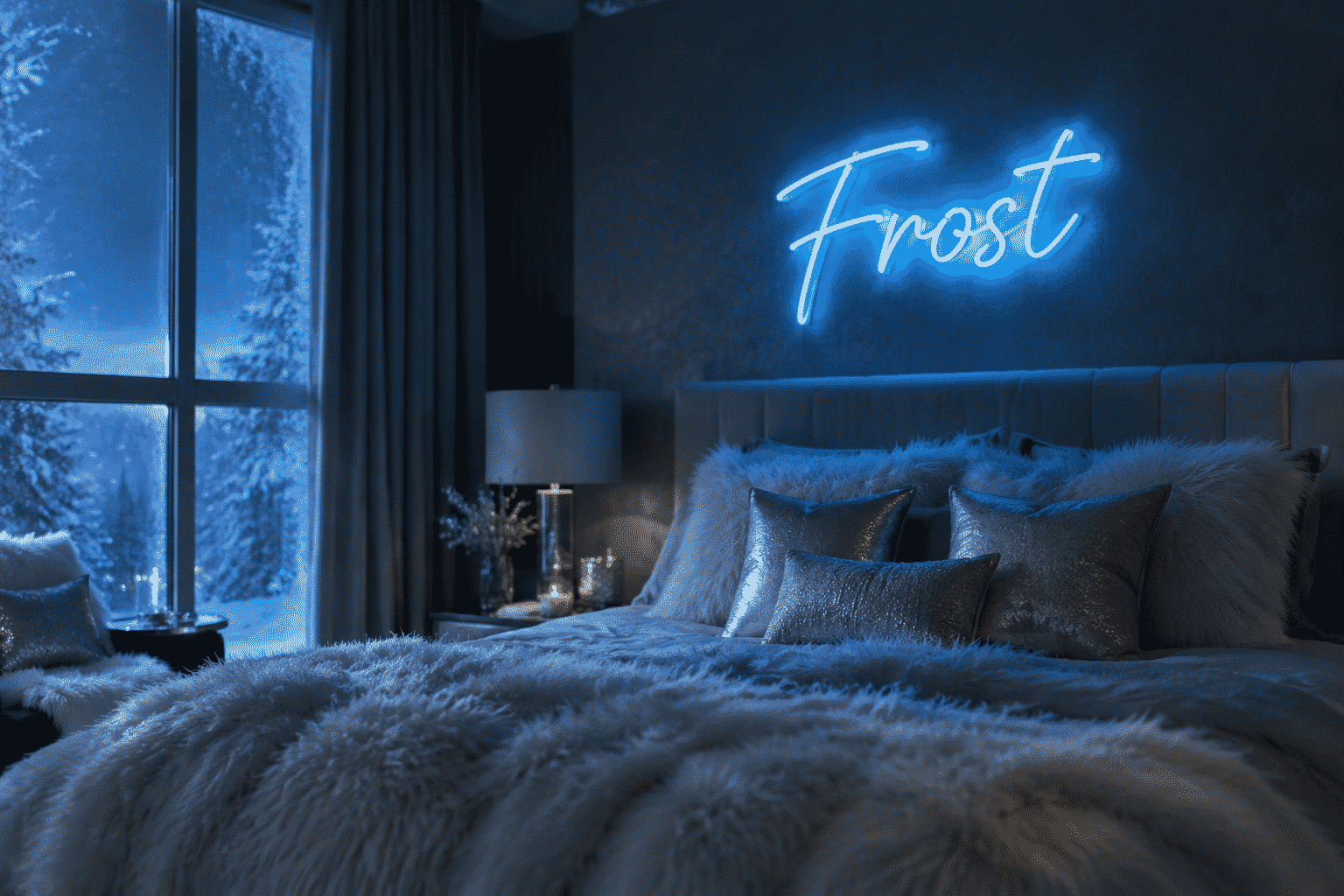 Dark scene with a glowing glacier blue neon sign reading Frost