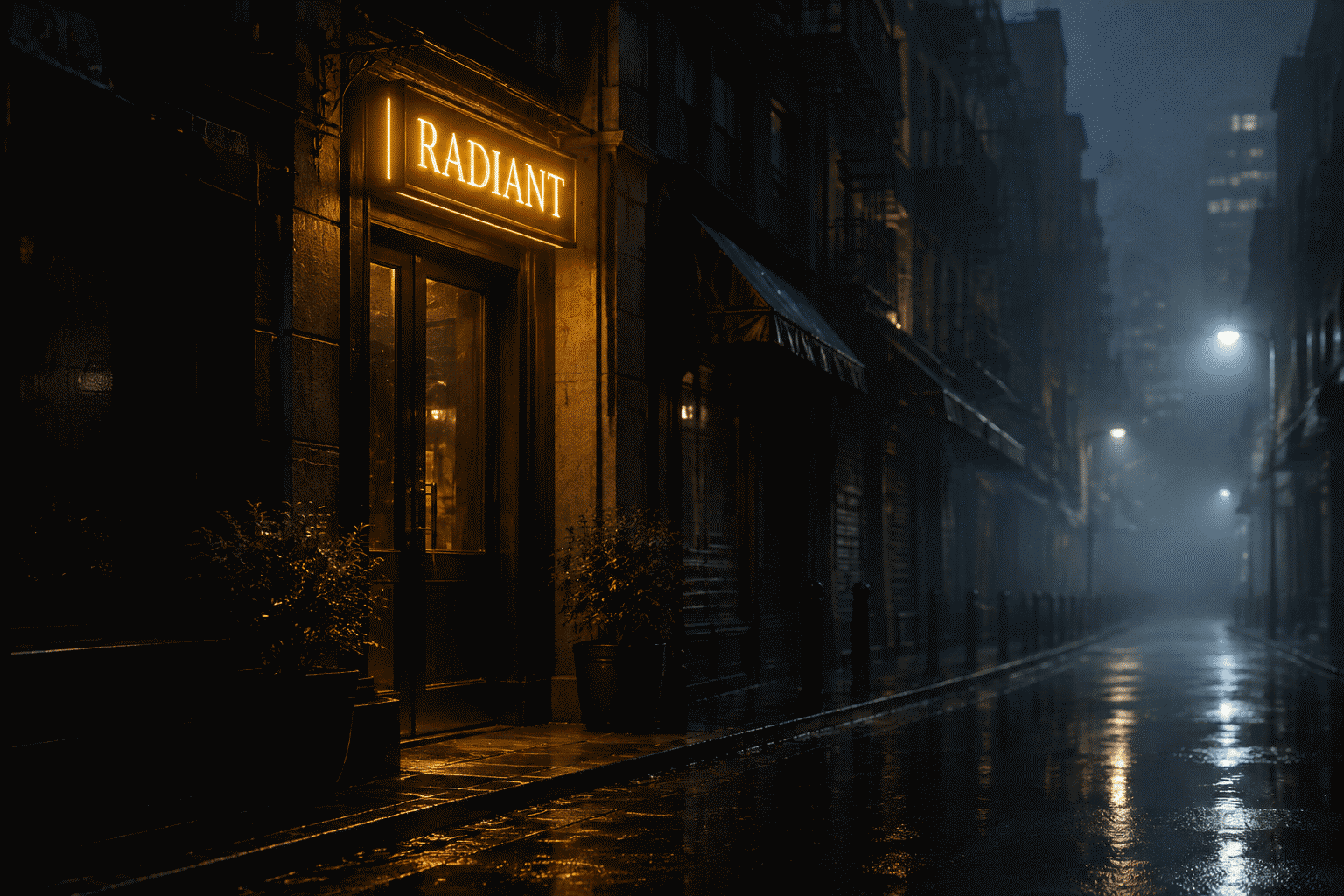 Dark scene with a glowing warm gold neon sign reading RADIANT