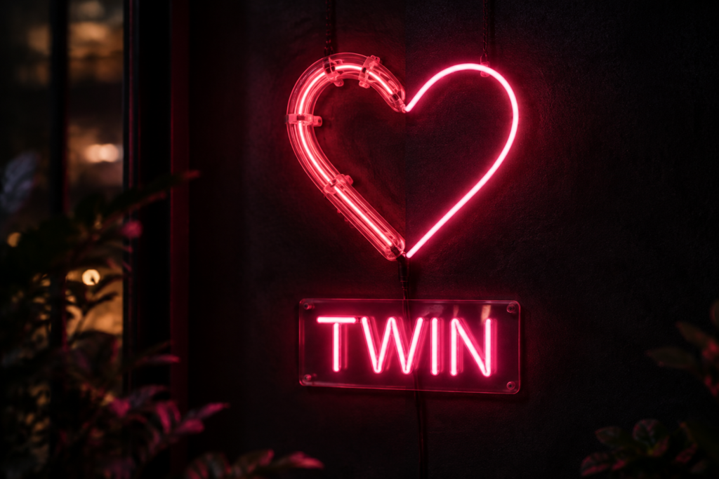 Dark scene with a glowing warm pink neon sign reading TWIN