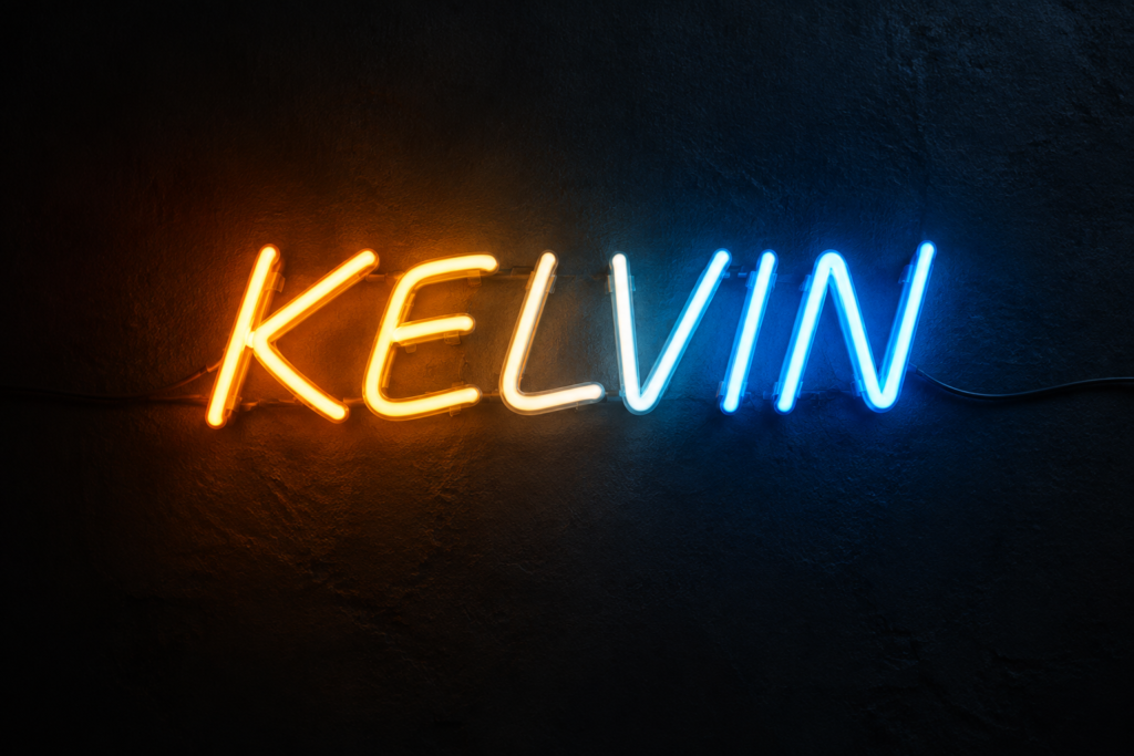 Dark scene with a glowing blue to amber neon sign reading KELVIN