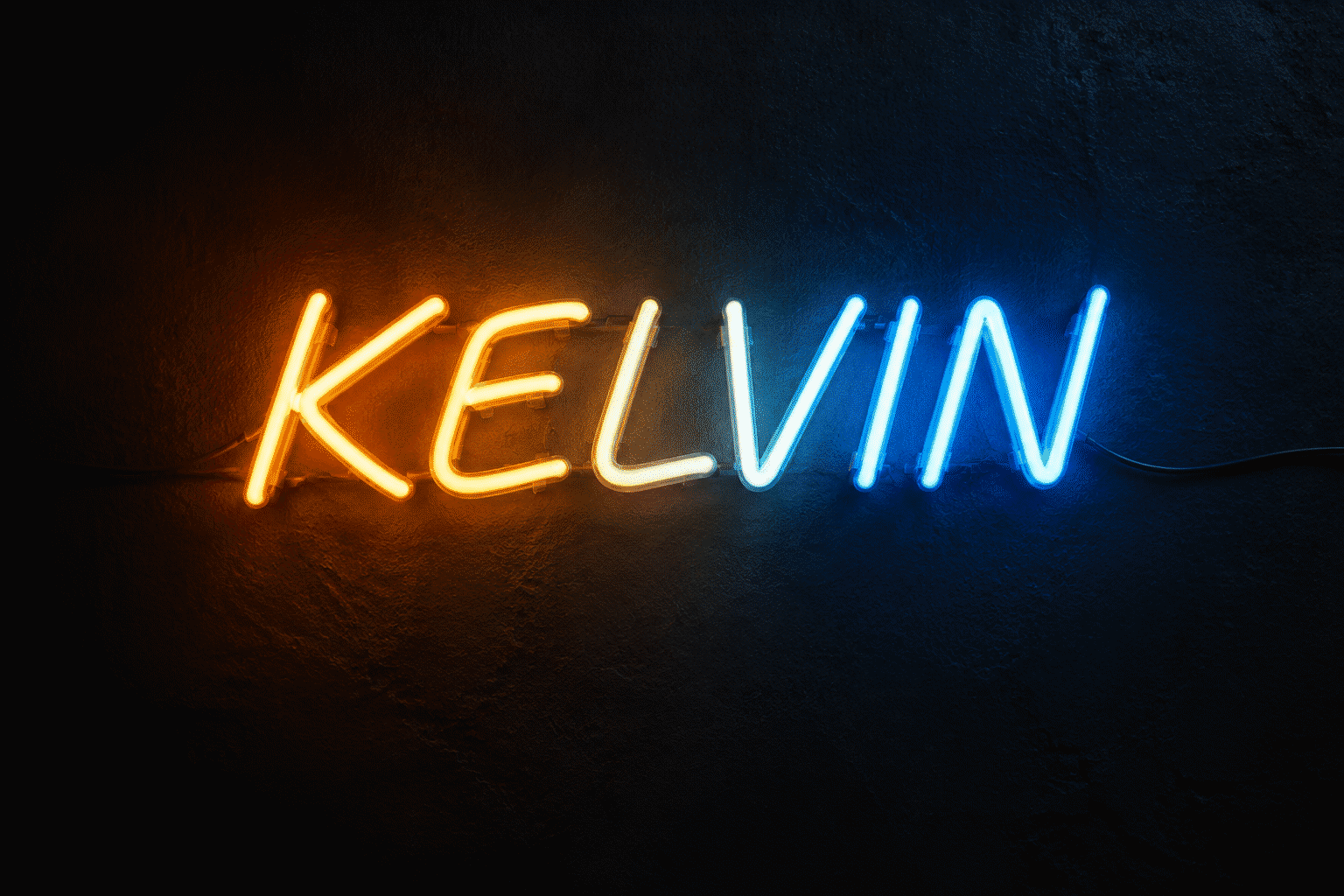 Dark scene with a glowing blue to amber neon sign reading KELVIN