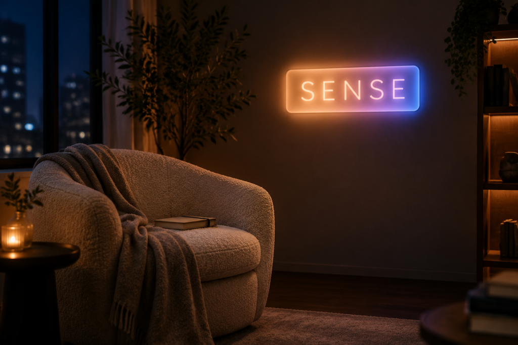 Dark scene with a glowing soft gradient neon sign reading SENSE
