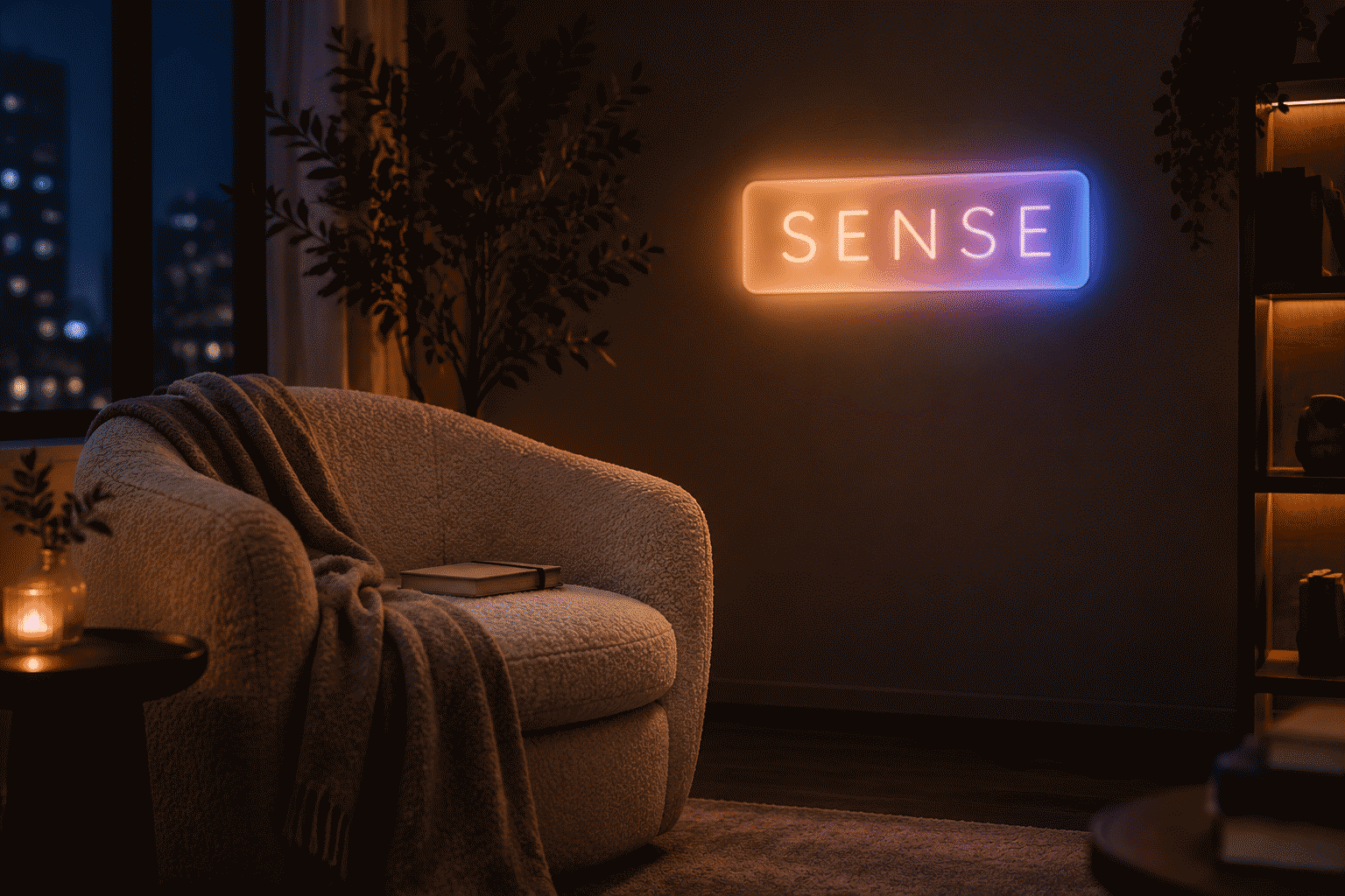 Dark scene with a glowing soft gradient neon sign reading SENSE