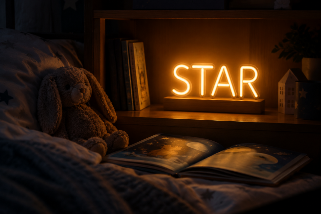Dark scene with a glowing amber neon sign reading STAR