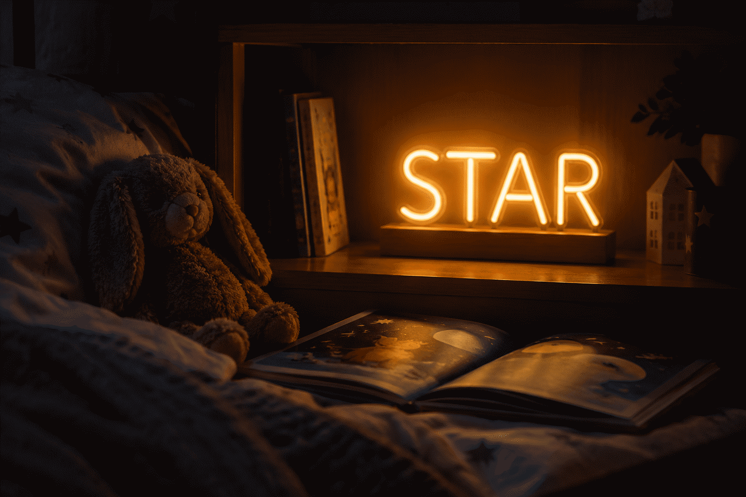 Dark scene with a glowing amber neon sign reading STAR