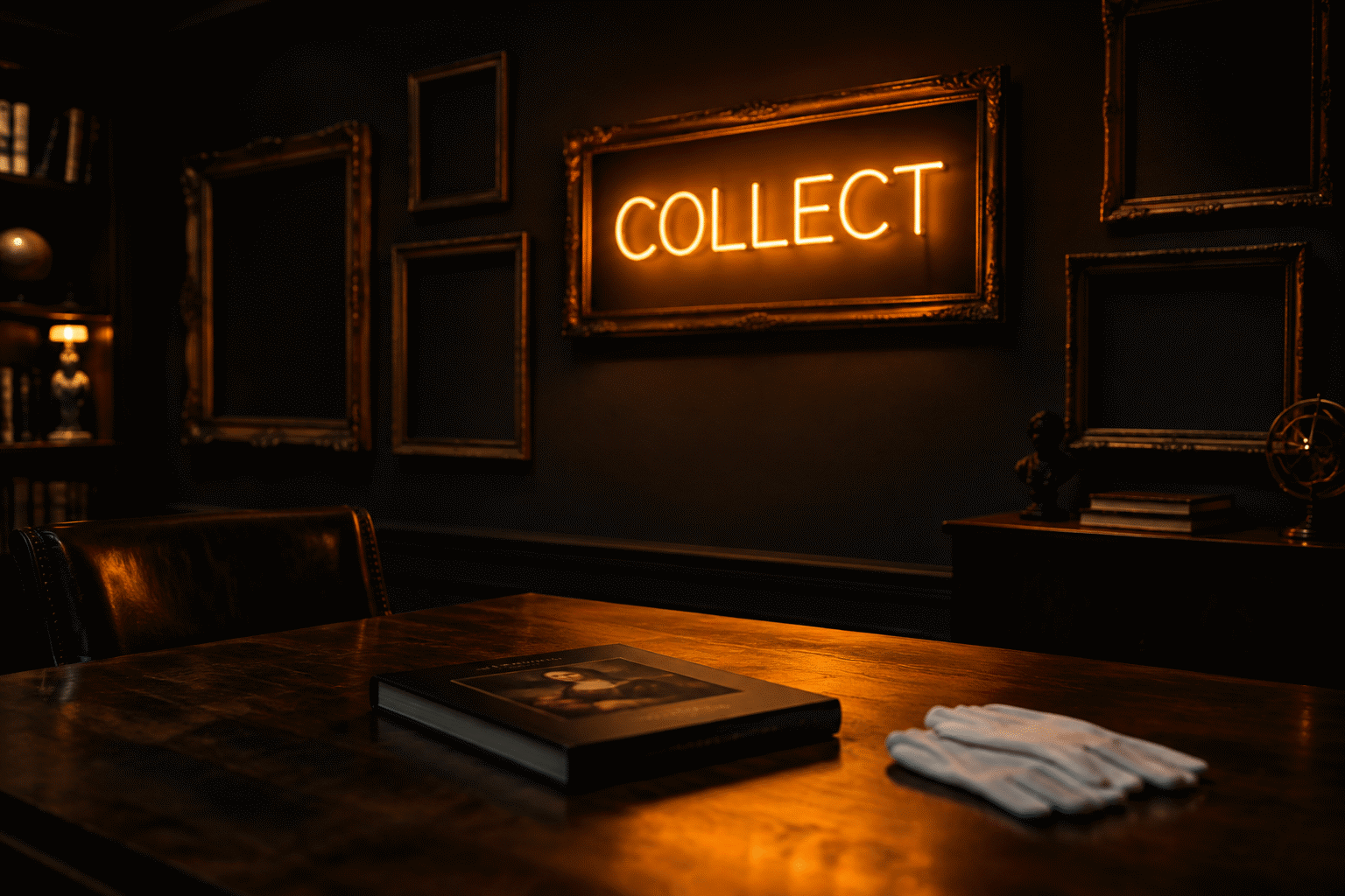 Dark scene with a glowing amber neon sign reading COLLECT