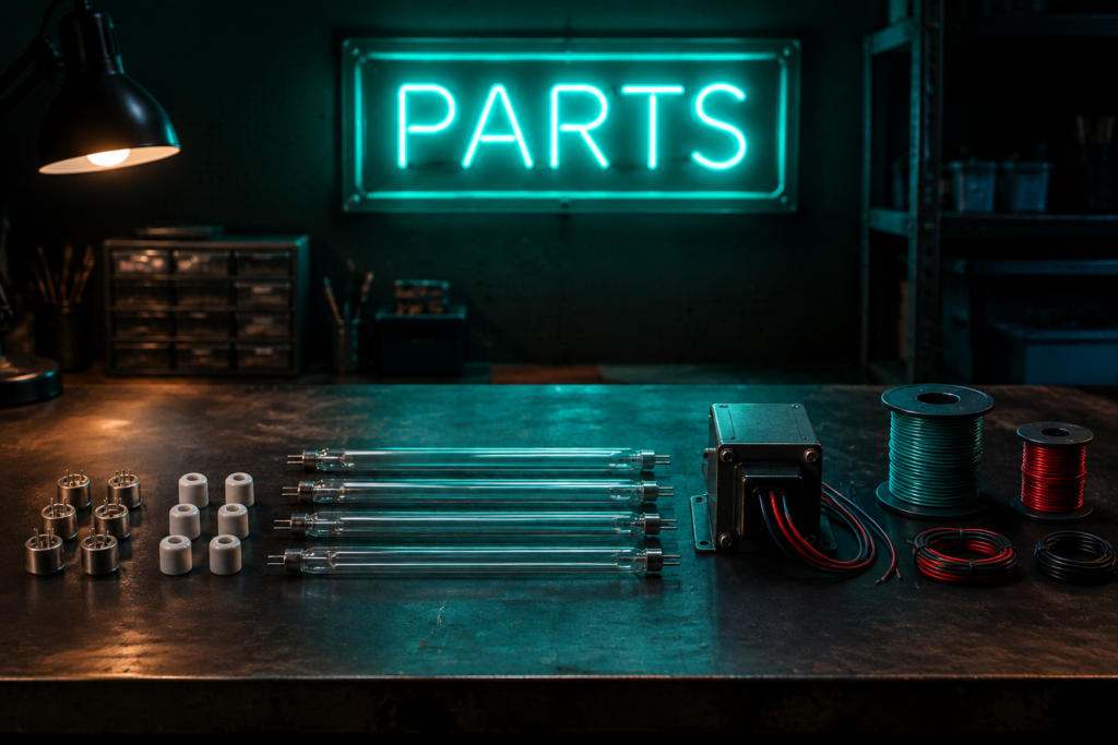 Dark scene with a glowing teal neon sign reading PARTS