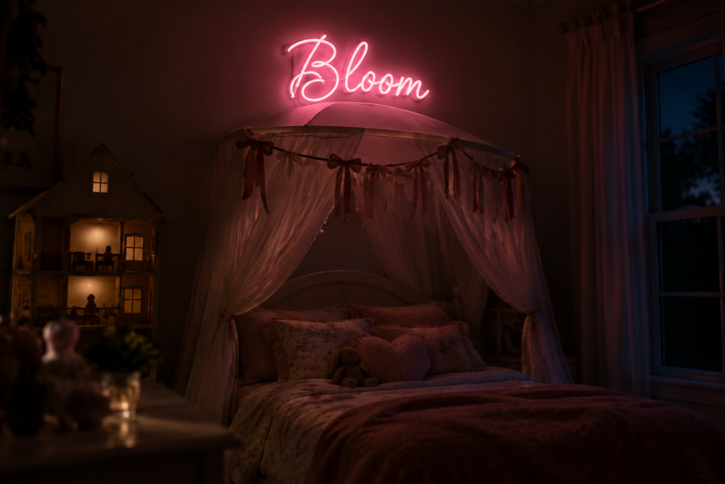 Dark scene with a glowing pastel pink neon sign reading Bloom