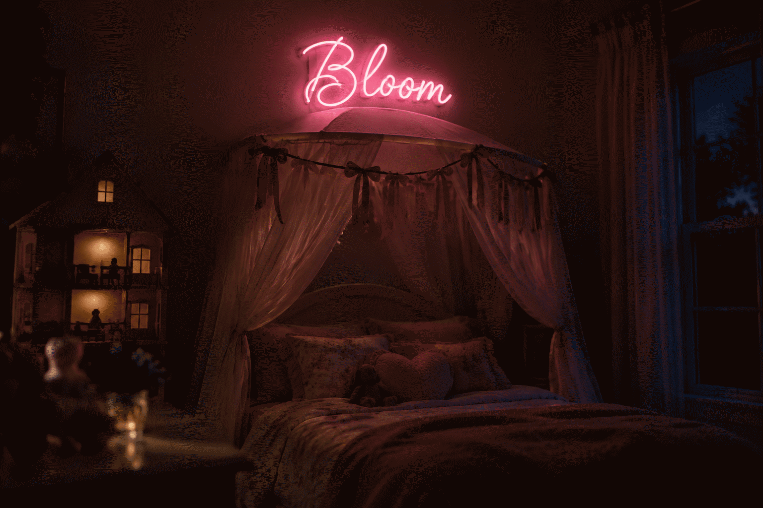 Dark scene with a glowing pastel pink neon sign reading Bloom