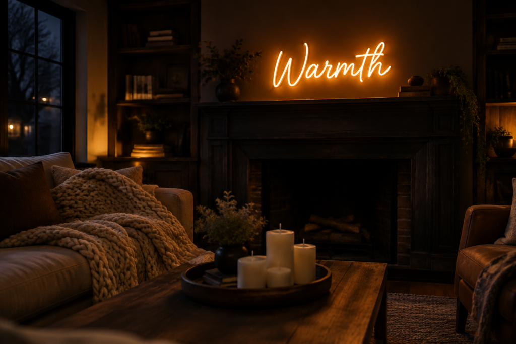 Dark scene with a glowing warm amber neon sign reading Warmth