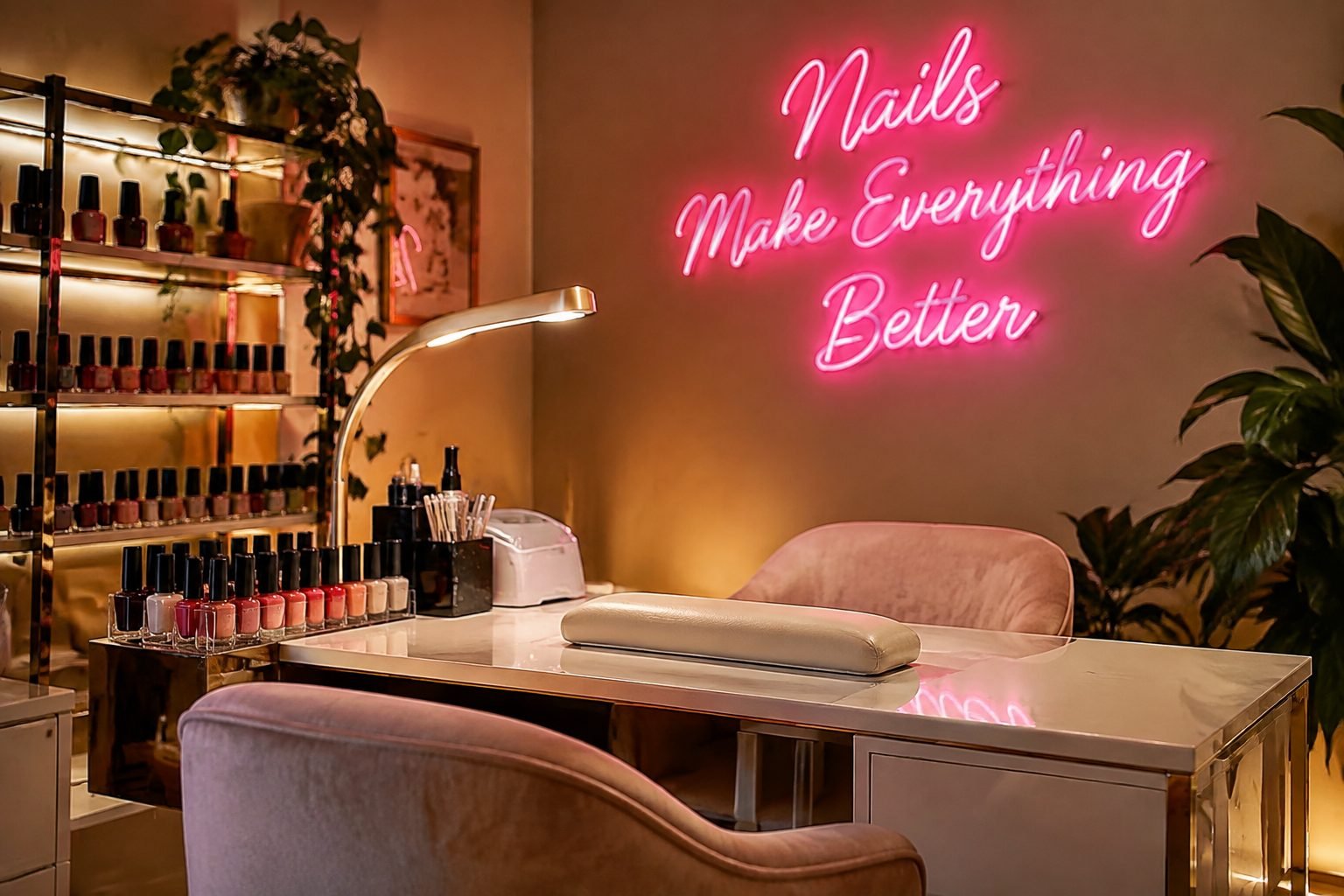 Nail salon manicure station with polish bottles in a row and a glowing hot pink LED neon sign on the wall behind